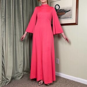 Vintage 1970s Mock Neck Bell Sleeve Coral Maxi Dress
